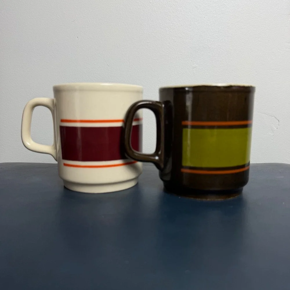 Mid century striped retro coffee mugs set of 2 Made in Romania